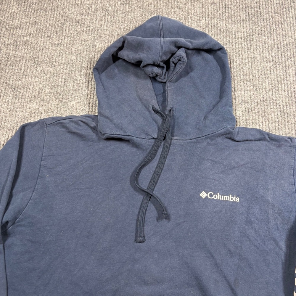 Columbia Hoodie Mens XL Blue Logo Sleeve Pullover Sweatshirt Pocket Distressed - Picture 2 of 11